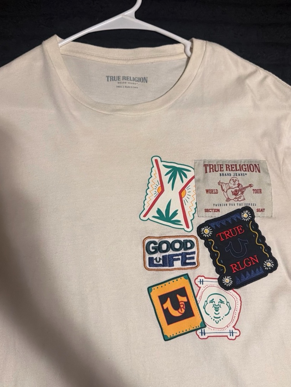 True Religion Cream Short-Sleeve Tee with Multicolor Patch Graphics